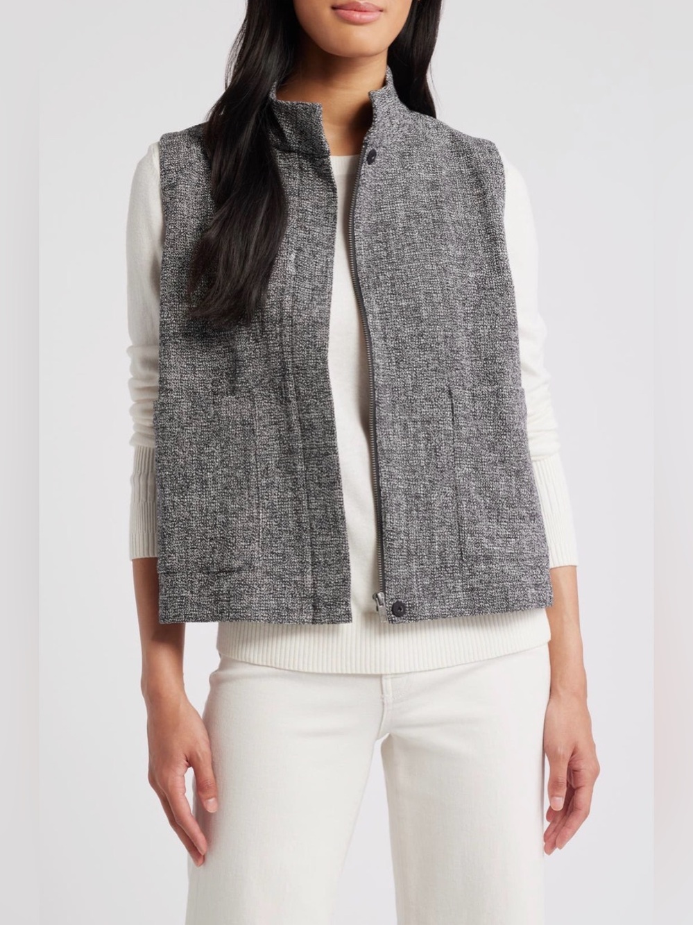 Eileen Fisher Organic Cotton Tweed Stand Collar Vest – Oversized Fit Size Large